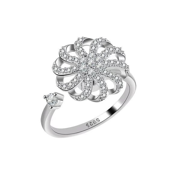 Women's S925 Sterling Silver Geometric Windmill Spinner Ring Adjustable Open Band Electroplated Rotating Decompression Ring