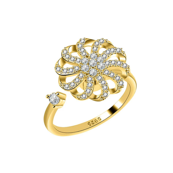 Women's S925 Sterling Silver Geometric Windmill Spinner Ring Adjustable Open Band Electroplated Rotating Decompression Ring