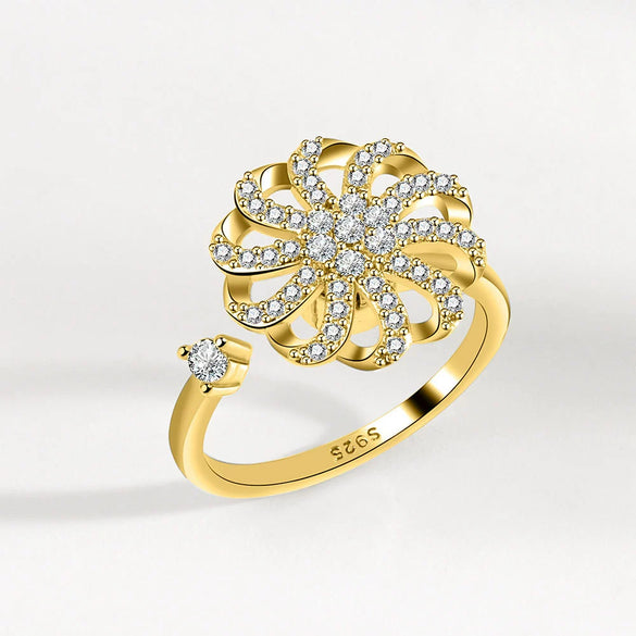 Women's S925 Sterling Silver Geometric Windmill Spinner Ring Adjustable Open Band Electroplated Rotating Decompression Ring