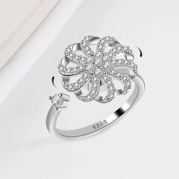 Women's S925 Sterling Silver Geometric Windmill Spinner Ring Adjustable Open Band Electroplated Rotating Decompression Ring