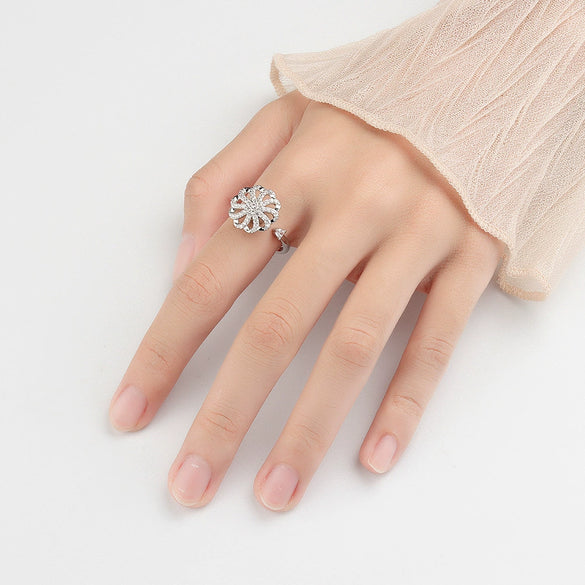 Women's S925 Sterling Silver Geometric Windmill Spinner Ring Adjustable Open Band Electroplated Rotating Decompression Ring