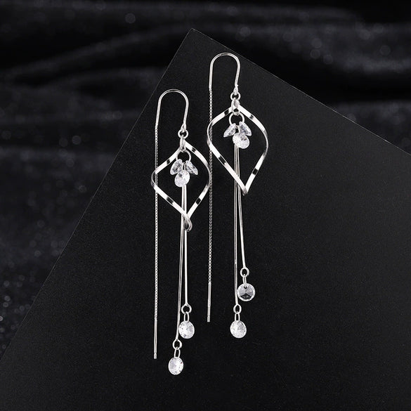 Women's S925 Sterling Silver Geometric Zircon Long Tassel Earrings Light Luxury Fashion Dangle Earrings