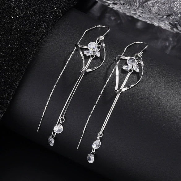 Women's S925 Sterling Silver Geometric Zircon Long Tassel Earrings Light Luxury Fashion Dangle Earrings