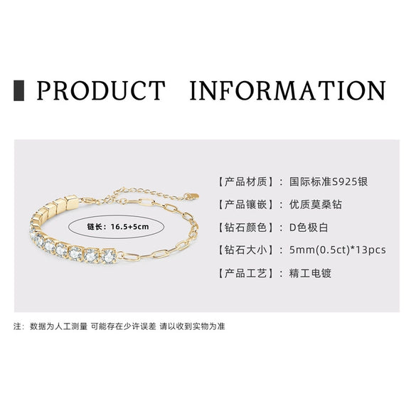Women's S925 Sterling Silver Geometric Zircon Tennis Chain Bracelet Set With Diamonds