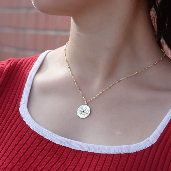 Women's S925 Sterling Silver Gold Plated Vintage Eye Coin Necklace Geometric Round Pendant Cross Chain Collarbone Necklace