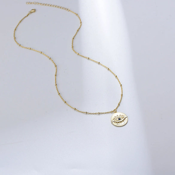 Women's S925 Sterling Silver Gold Plated Vintage Eye Coin Necklace Geometric Round Pendant Cross Chain Collarbone Necklace