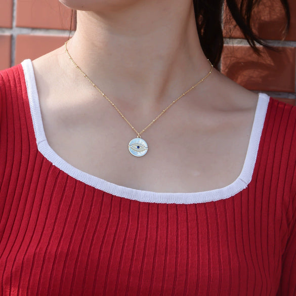 Women's S925 Sterling Silver Gold Plated Vintage Eye Coin Necklace Geometric Round Pendant Cross Chain Collarbone Necklace