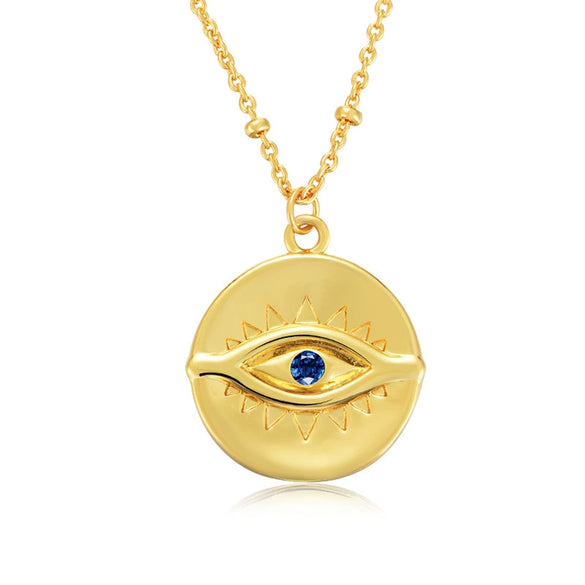 Women's S925 Sterling Silver Gold Plated Vintage Eye Coin Necklace Geometric Round Pendant Cross Chain Collarbone Necklace