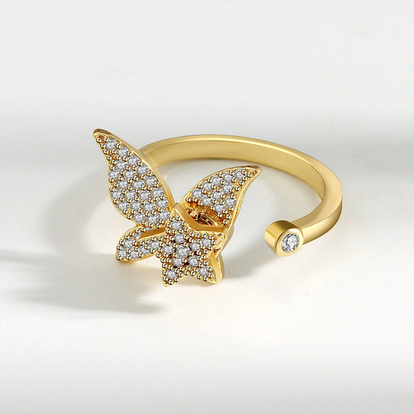 Women's S925 Sterling Silver Gold Tone Butterfly Rotating Ring Adjustable Open Ring Electroplated Anxiety Relief Ring