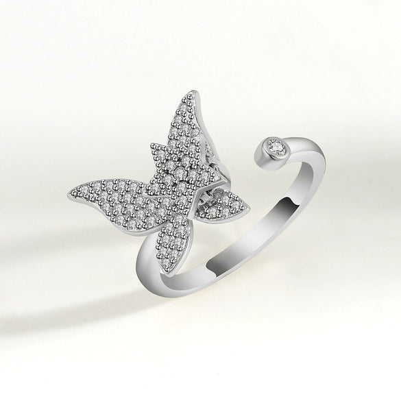 Women's S925 Sterling Silver Gold Tone Butterfly Rotating Ring Adjustable Open Ring Electroplated Anxiety Relief Ring