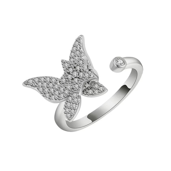 Women's S925 Sterling Silver Gold Tone Butterfly Rotating Ring Adjustable Open Ring Electroplated Anxiety Relief Ring