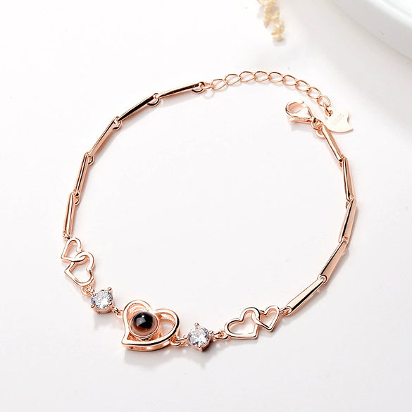 Women's S925 Sterling Silver Heart Bracelet With Diamond Accent Simple Love Memory Bracelet Romantic Gift