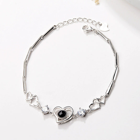 Women's S925 Sterling Silver Heart Bracelet With Diamond Accent Simple Love Memory Bracelet Romantic Gift