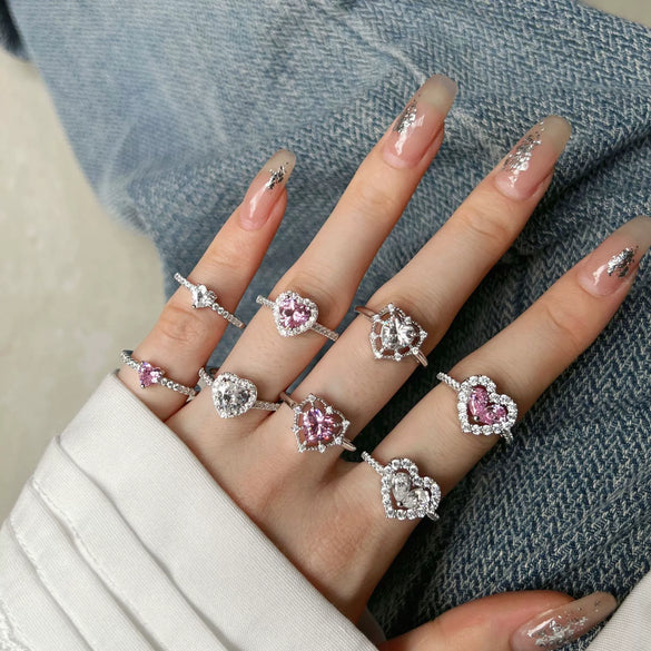Women's S925 Sterling Silver Heart Shape Ring With Pink Love Zircon Design And Electroplating Treatment