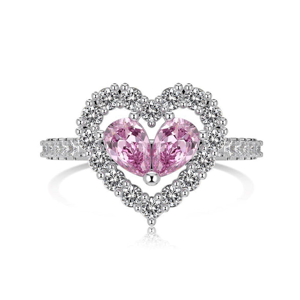 Women's S925 Sterling Silver Heart Shape Ring With Pink Love Zircon Design And Electroplating Treatment