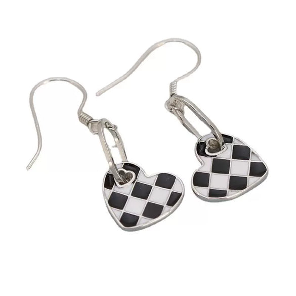 Women's S925 Sterling Silver Heart Shaped Checkerboard Geometric Earrings With Fine Crafted Fashion Design