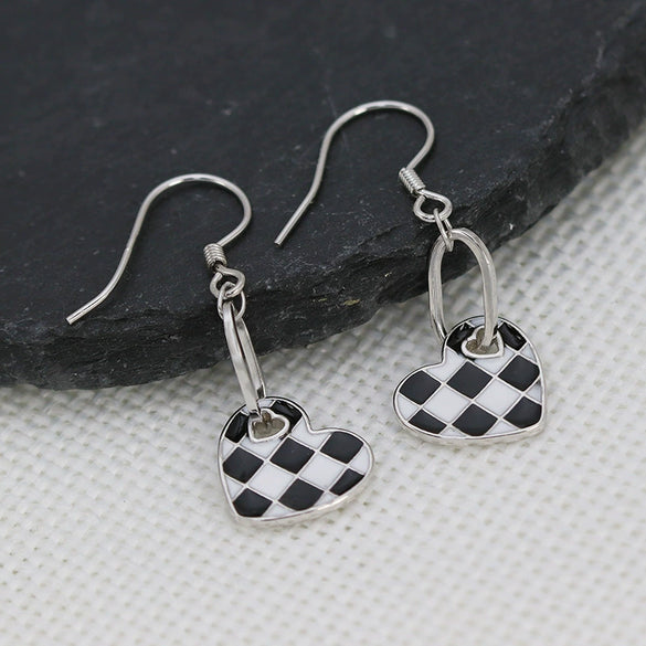 Women's S925 Sterling Silver Heart Shaped Checkerboard Geometric Earrings With Fine Crafted Fashion Design
