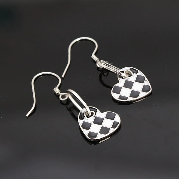 Women's S925 Sterling Silver Heart Shaped Checkerboard Geometric Earrings With Fine Crafted Fashion Design
