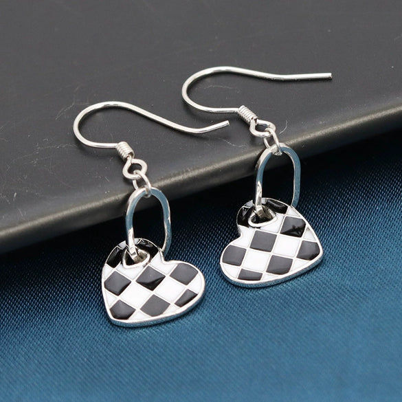 Women's S925 Sterling Silver Heart Shaped Checkerboard Geometric Earrings With Fine Crafted Fashion Design