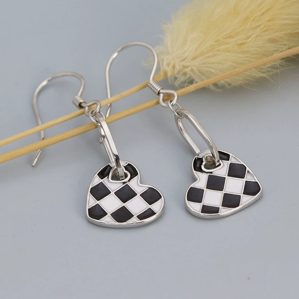 Women's S925 Sterling Silver Heart Shaped Checkerboard Geometric Earrings With Fine Crafted Fashion Design