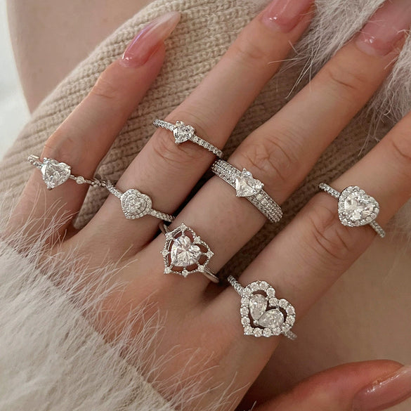 Women's S925 Sterling Silver Heart Shaped Zircon Ring Fashion Sweet Style Electroplated