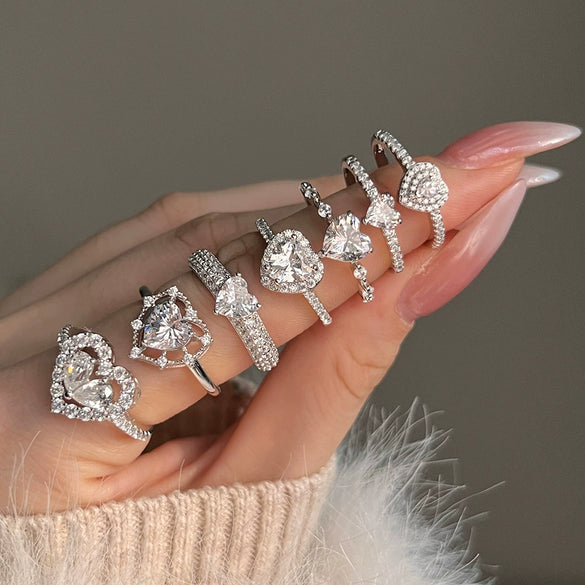 Women's S925 Sterling Silver Heart Shaped Zircon Ring Fashion Sweet Style Electroplated