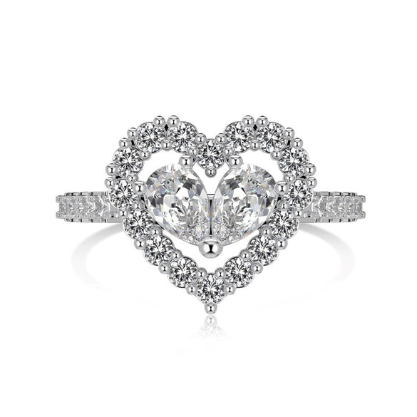 Women's S925 Sterling Silver Heart Shaped Zircon Ring Fashion Sweet Style Electroplated