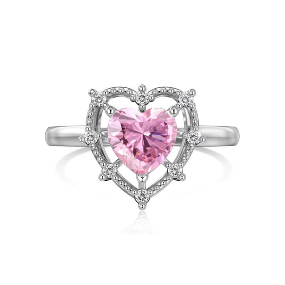 Women's S925 Sterling Silver Heart Shaped Zircon Ring Fashion Sweet Style Electroplated