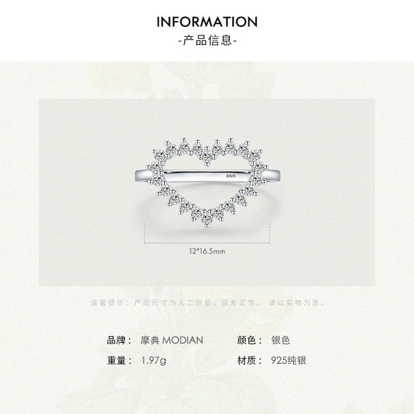 Women's S925 Sterling Silver Heartshaped Diamond Ring Light Luxury Style