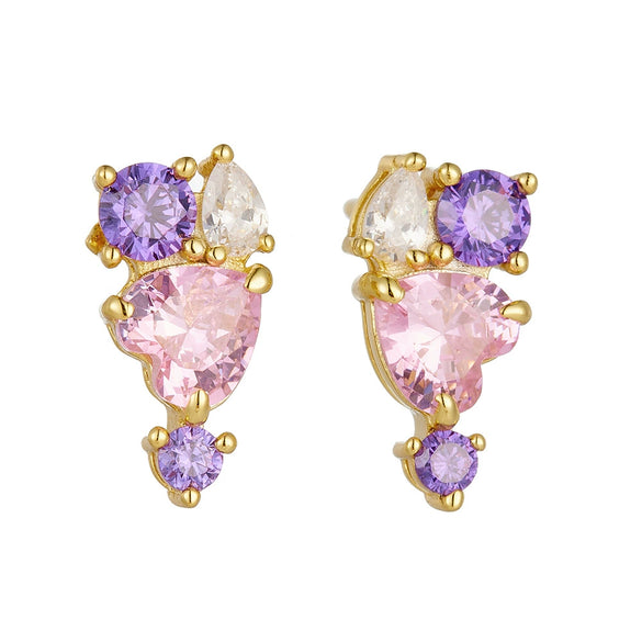 Women's S925 Sterling Silver Heartshaped Pink Zircon Earrings With Diamond Design