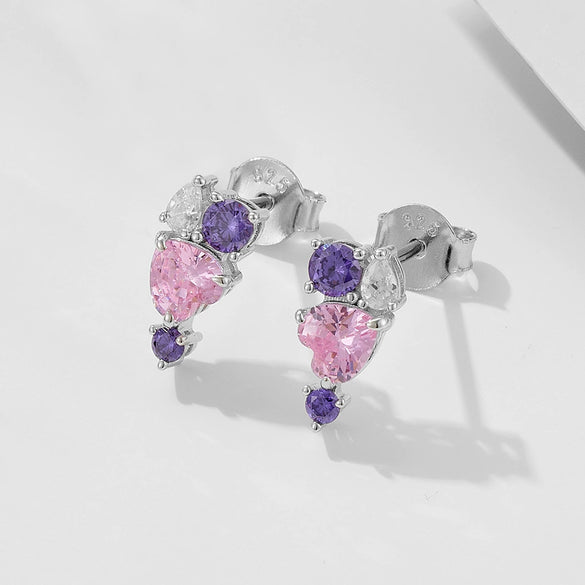 Women's S925 Sterling Silver Heartshaped Pink Zircon Earrings With Diamond Design