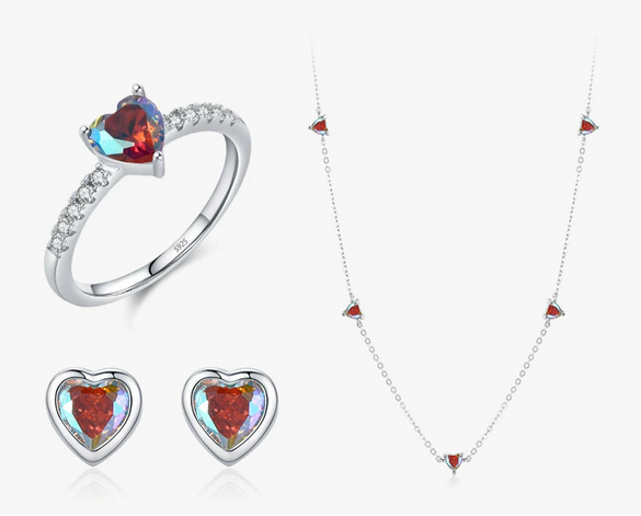 Women's S925 Sterling Silver Heartshaped Ring Earrings With Love Water Drops Bell Pattern And Inlay Design