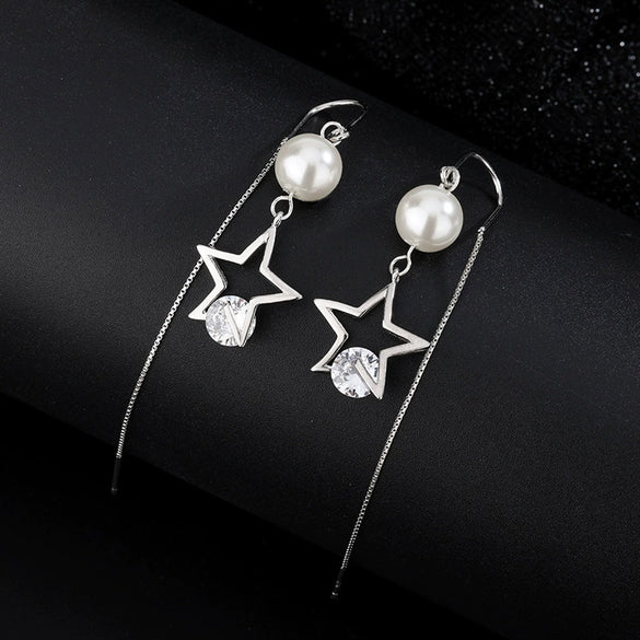 Women's S925 Sterling Silver Hollow Star Pearl Tassel Ear Line Earrings Light Luxury Long Dangle Earrings