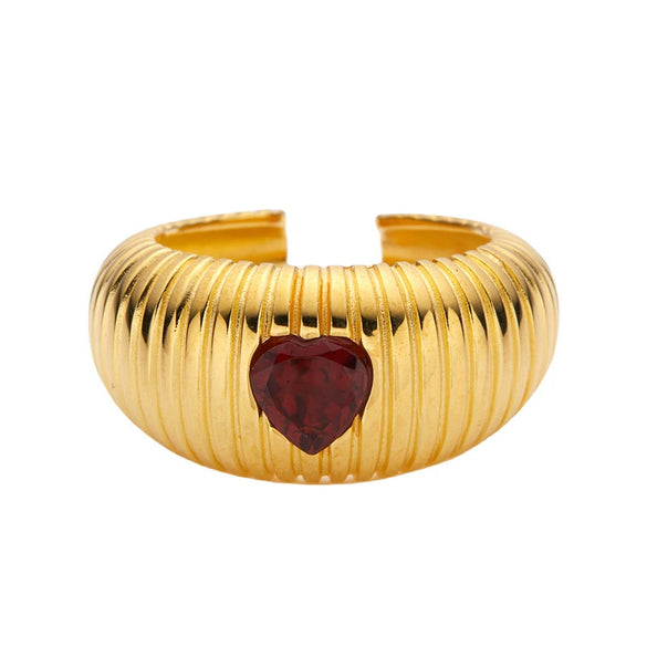 Women's S925 Sterling Silver Inlaid Natural Garnet Diopside Topaz Heart Ring With Geometric And Floral Patterns