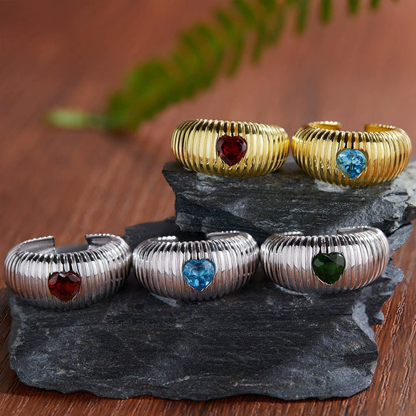 Women's S925 Sterling Silver Inlaid Natural Garnet Diopside Topaz Heart Ring With Geometric And Floral Patterns