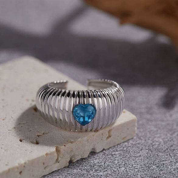 Women's S925 Sterling Silver Inlaid Natural Garnet Diopside Topaz Heart Ring With Geometric And Floral Patterns