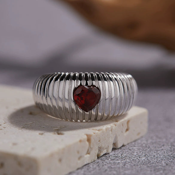 Women's S925 Sterling Silver Inlaid Natural Garnet Diopside Topaz Heart Ring With Geometric And Floral Patterns