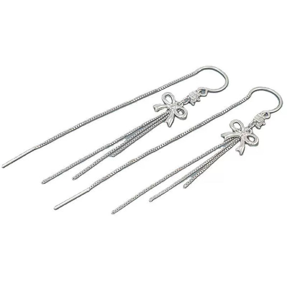 Women's S925 Sterling Silver Light Luxury Bow Tassel Earrings Elegant Simple Long Dangle Style