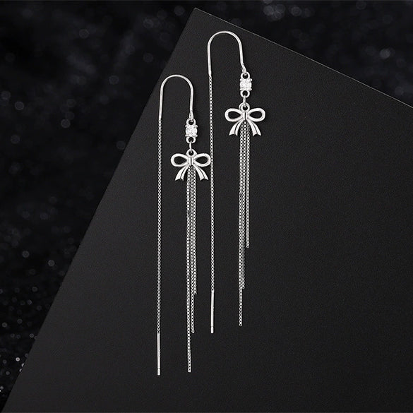 Women's S925 Sterling Silver Light Luxury Bow Tassel Earrings Elegant Simple Long Dangle Style