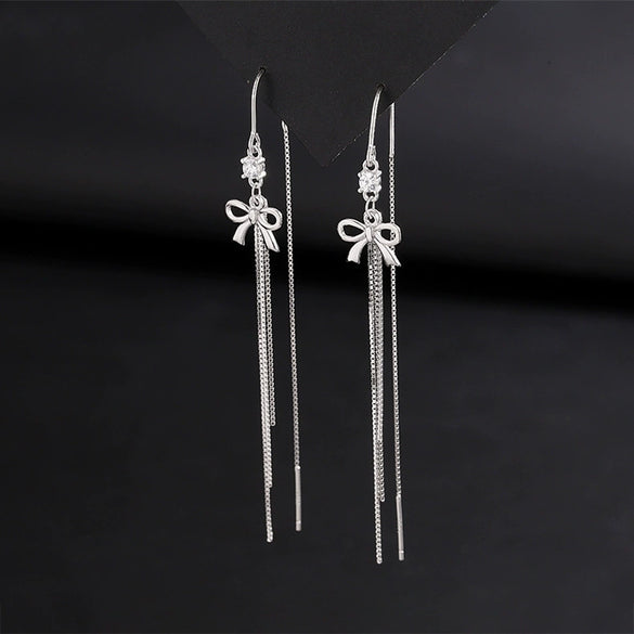 Women's S925 Sterling Silver Light Luxury Bow Tassel Earrings Elegant Simple Long Dangle Style