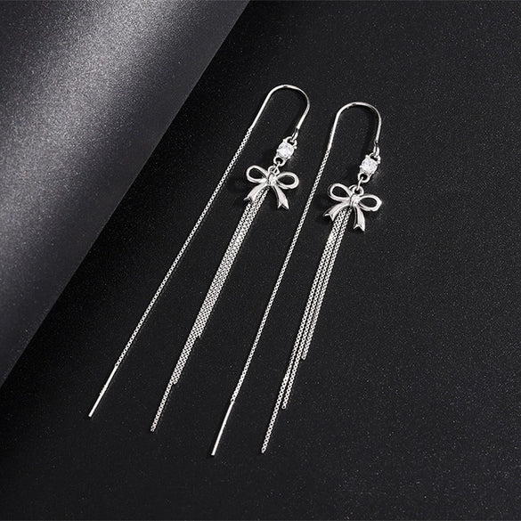 Women's S925 Sterling Silver Light Luxury Bow Tassel Earrings Elegant Simple Long Dangle Style