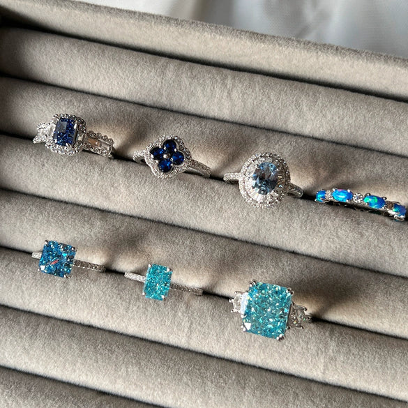 Women's S925 Sterling Silver Light Luxury Geometric Ring With Electroplating And Blue Ice Flower Cut Zircon