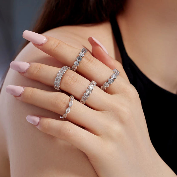 Women's S925 Sterling Silver Love Geometric Row Drill Electroplated Ring