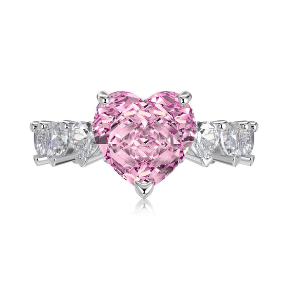 Women's S925 Sterling Silver Love Pink Ice Flower Cut Zircon Handinlaid Heartshaped Ring With Electroplating