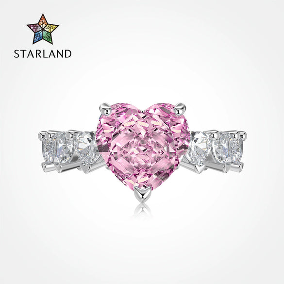 Women's S925 Sterling Silver Love Pink Ice Flower Cut Zircon Handinlaid Heartshaped Ring With Electroplating