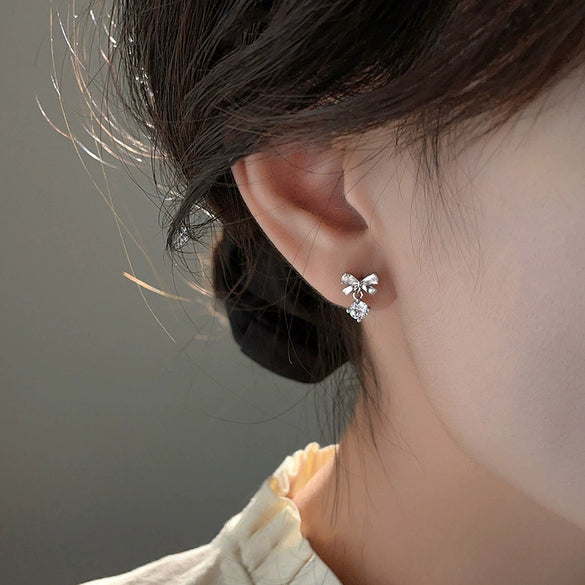 Women's S925 Sterling Silver Moissanite Bow Tie Earrings Light Luxury Niche Design
