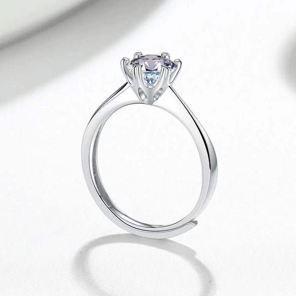 Women's S925 Sterling Silver Moissanite Ring Classic Six Prong Geometric Design Electroplated Adjustable Open Ring