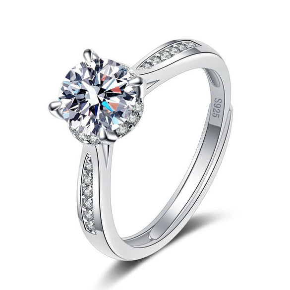 Women's S925 Sterling Silver Moissanite Ring Geometric Four Claw Adjustable Open Ring With Electroplated Finish