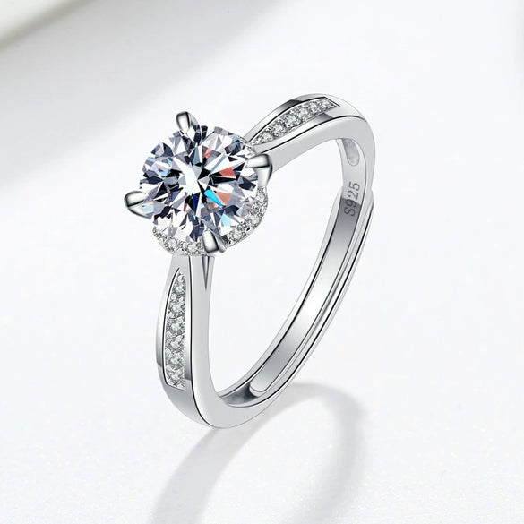 Women's S925 Sterling Silver Moissanite Ring Geometric Four Claw Adjustable Open Ring With Electroplated Finish