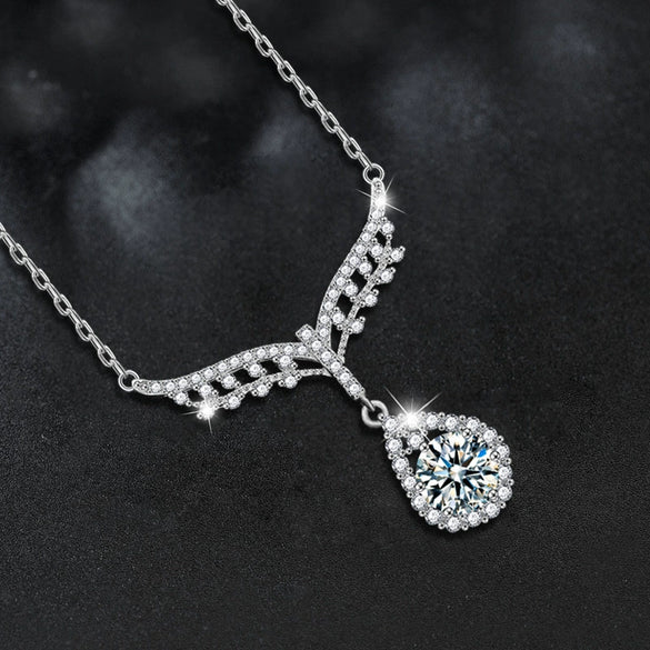 Women's S925 Sterling Silver Moissanite Water Drop And U Shape Fashion Geometric Pendant Necklace With Cross Chain